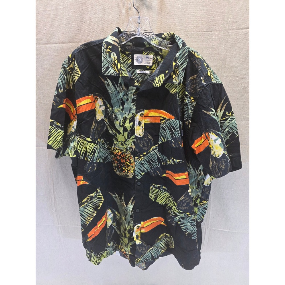 Hurley Mens XXL Stretch Fit Tropical Toucan Pineapple Black Button Down Shirt